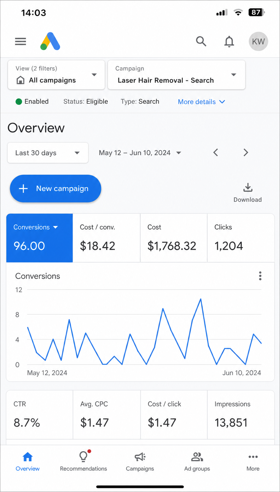 Google Search — High Intent campaign results